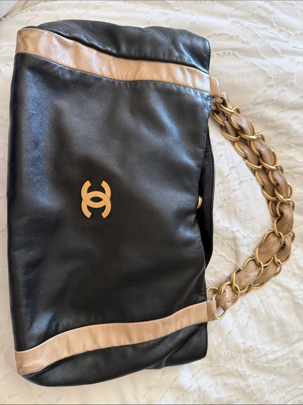 CHANEL Olsen Black and Tan Leather Shoulder Bag with Gold Chain - vintage